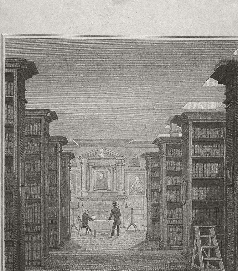 Engraving of Dr Williams's Library: aisles of shelved volumes either side, two figures working at a table, a ladder against the shelves.